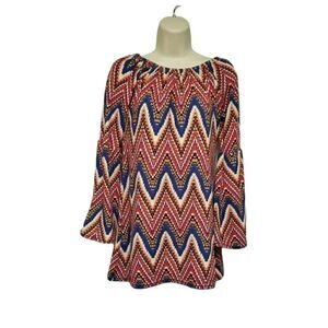 Win-Win Bell Sleeve Off Shoulder Chevron Print Multi Colored Tunic Blouse S/M